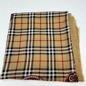 Burberry Beige Plaid Scarf with Black, White and Red Accents